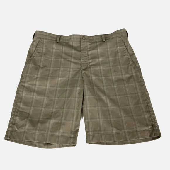 Nike Men’s Golf Shorts Nike FitDry Size 38 Flat Front Plaid Tan White Blue - Picture 1 of 9